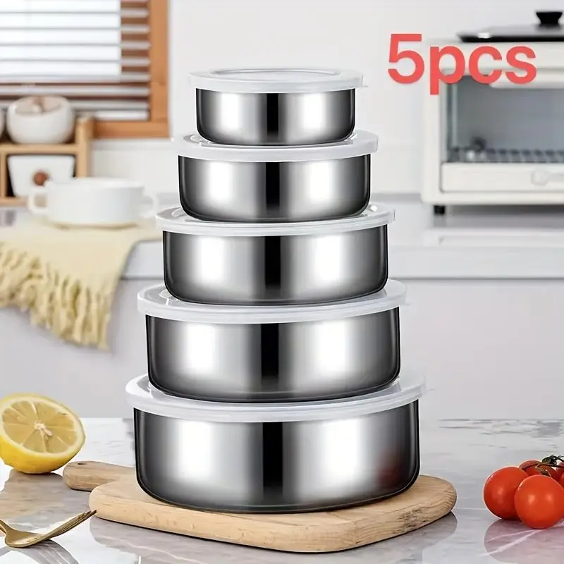 Stainless Steel Food Storage Container with Lid, 5pcs/set Stackable Leak-proof Kitchen Organizer, Durable Dishwasher-safe Round Container