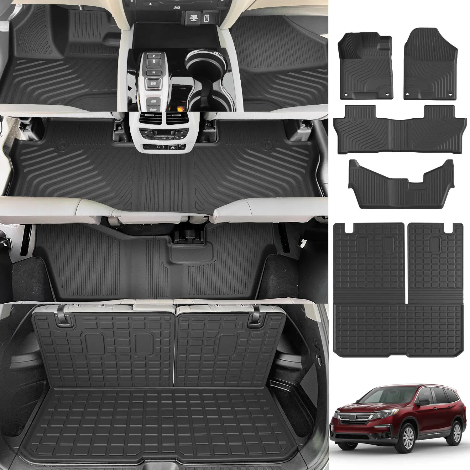 [Fits 16-22 Pilot 8Seats] Floor Mat Compatible with 2016-2022 Honda Pilot Cargo Mat with Backrest Mat Cargo Liner Replacement for 2016-2022 Honda Pilot Accessories ( Trunk Mat with Backrest Mat+Floor Mat)