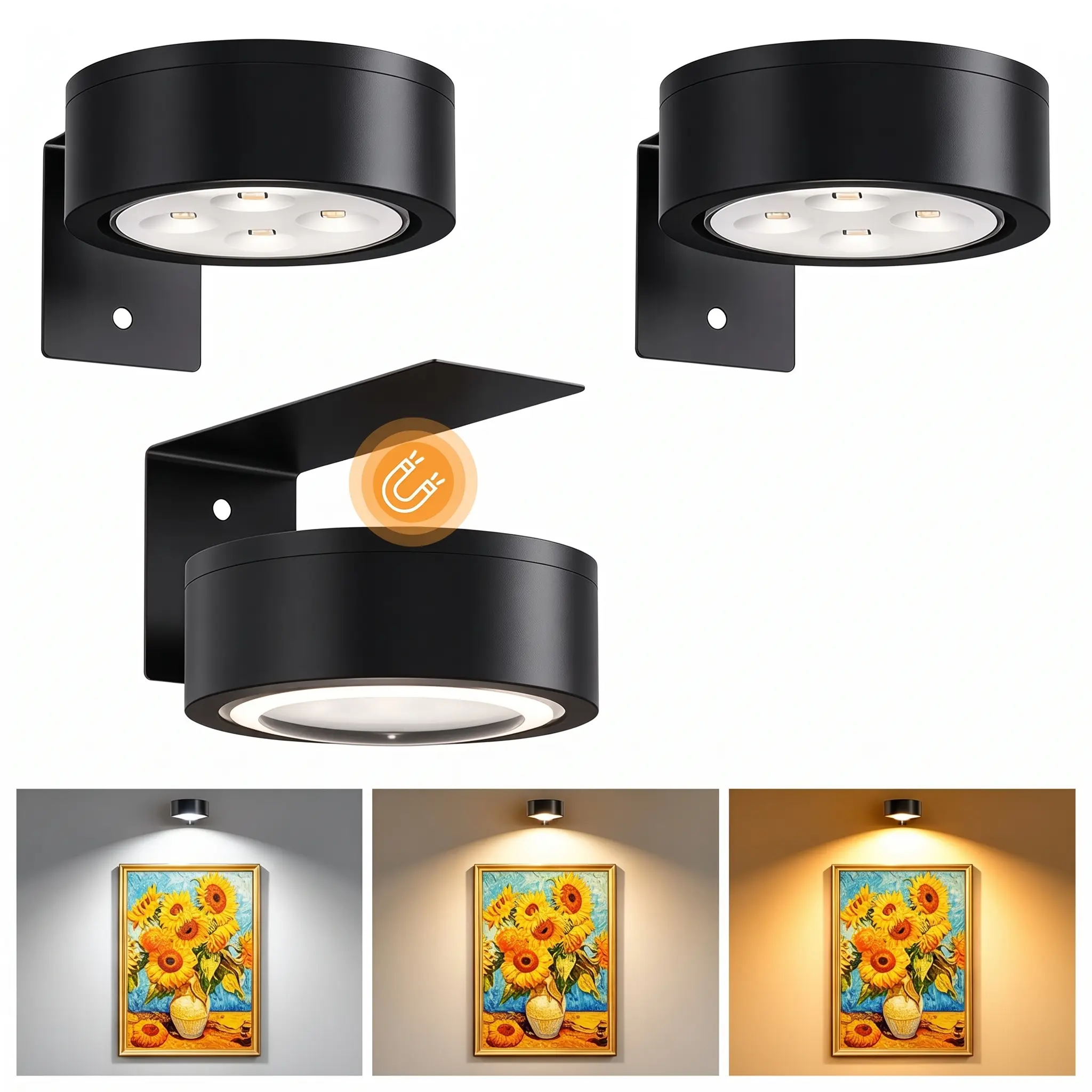 Picture Light Rechargeable, 3/6/9-Pack RGB Wall Lamp with Remote and Rack, Magnetic Wireless Dimmable Lighting for Artwork Display Painting Poster Photo Dorm Decor Family Memory Wall
