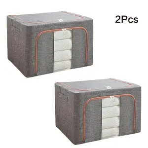 2-Pack Foldable Storage Boxes with Lid, Gray & Blue Collapsible Organizer Bin, 66L Large Capacity for Toy Clothes Book Storage, Space Saving for Wardrobe, Bedroom, Kitchen