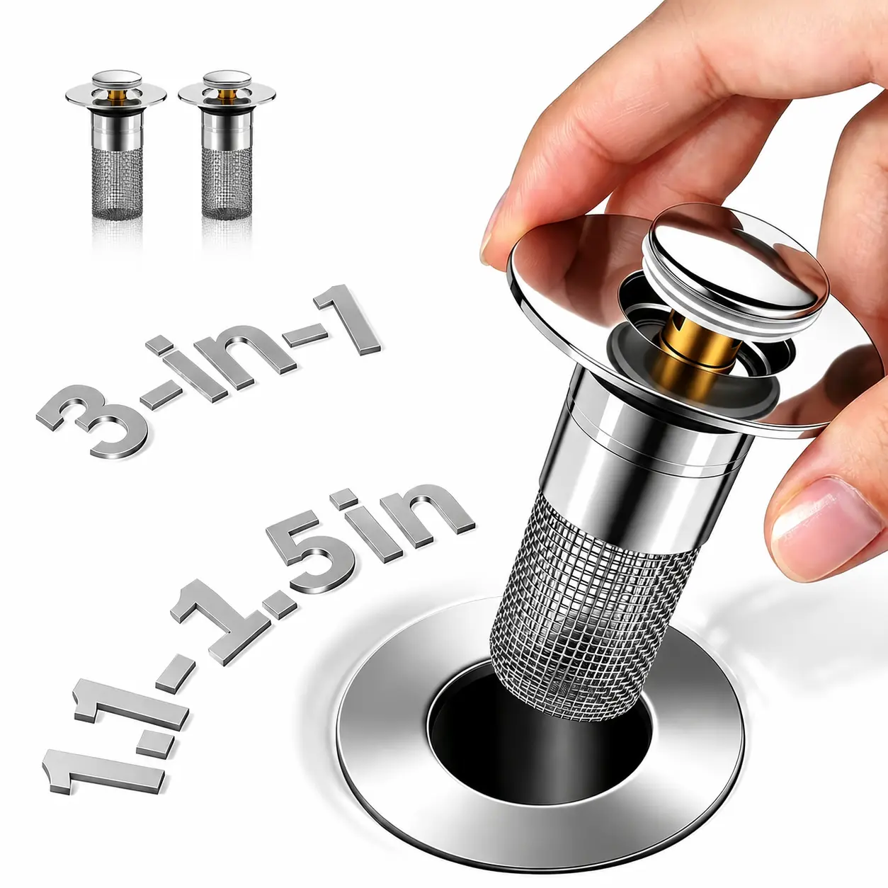 3-in-1 Bathroom Sink Stopper, Pop-Up Sink Drain Strainer with Removable Bascket, Anti-Clog Strainer, Odor Blocking & One-Way Flow Design, Brass & Stainless Steel All Metal Made, Fit 1.1"–1.5"