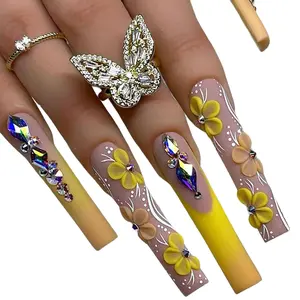 Press on Nails Coffin Long Length Acrylic Glossy Full Cover Square Shaped French False Nails with Designs Artificial Extra Long Fake Nails with Charms Glue Ons Fingernails for Women(Sgcy318) FIEONCIY