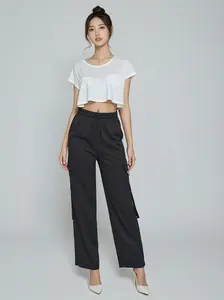 Tressy - Satin Cargo Pants with Drawstring Waist Functional Pockets & Sleek Drape Loose Fit for Casual Streetwear or Elevated Loungewear