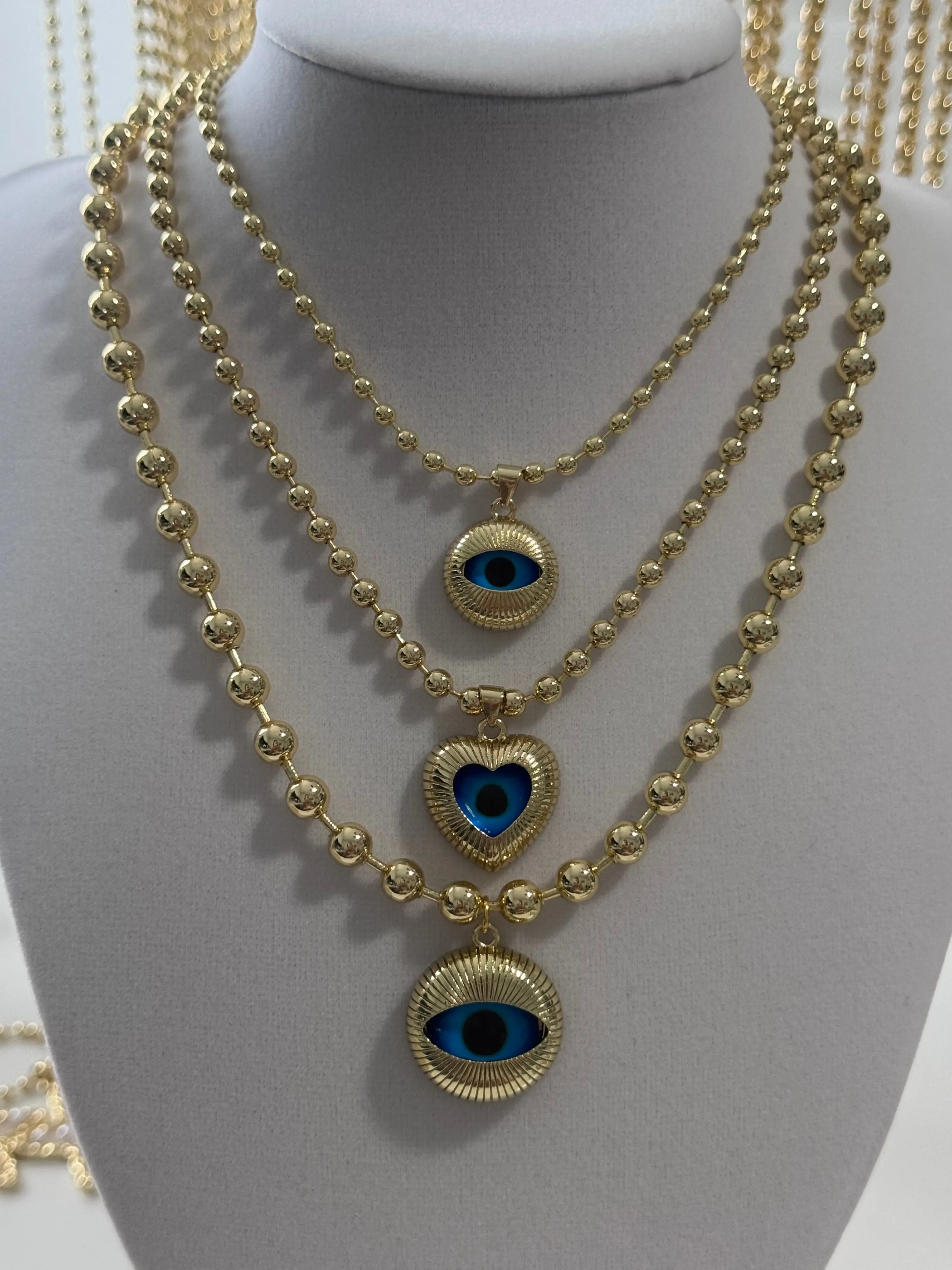 18K Gold Plated Evil Eye Beaded Necklace Gold Ball Chain Protection Necklace 3mm 4mm 6mm