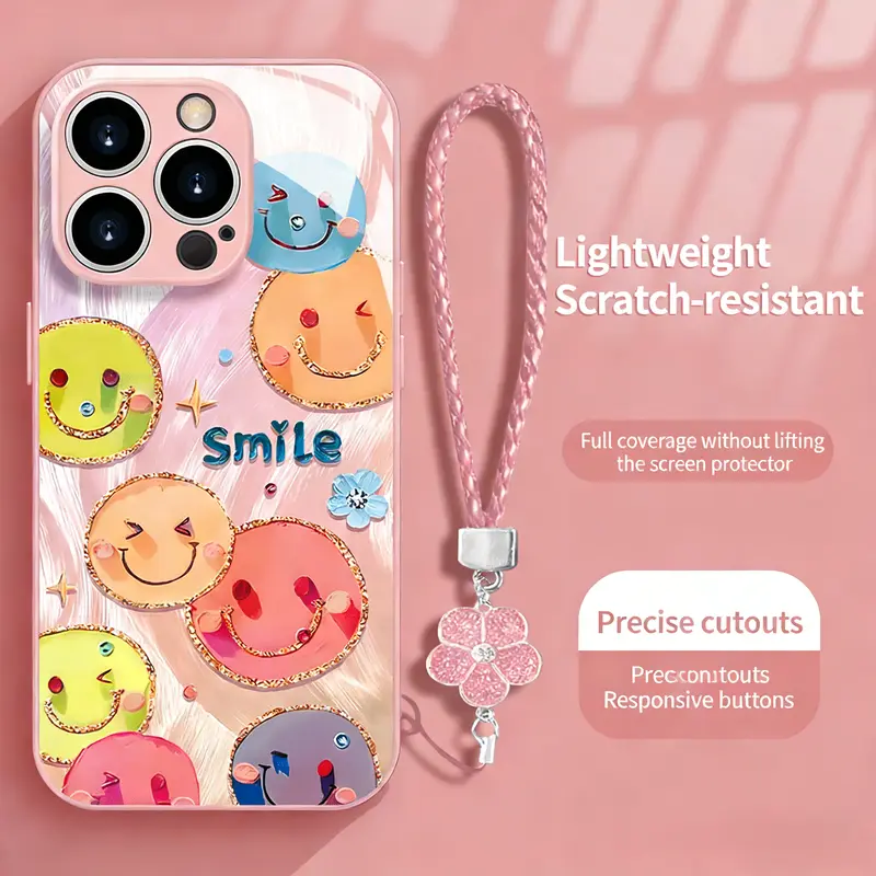 Brand new high-end pink smiley face phone case for women , compatible with iPhone 17/16/15/14/13/12/11 Pro Max Plus and Samsung S and A series, features a lucky four-leaf clover bracelet, simple and stylish, available in multiple colors 995
