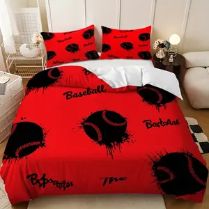 3-piece bedding set - Red and black baseball pattern background design down comforter set (1 comforter cover + 2 pillowcases, filling not included) - A gift for family and friends, soft and comfortable, suitable for family bedrooms and guest rooms.
