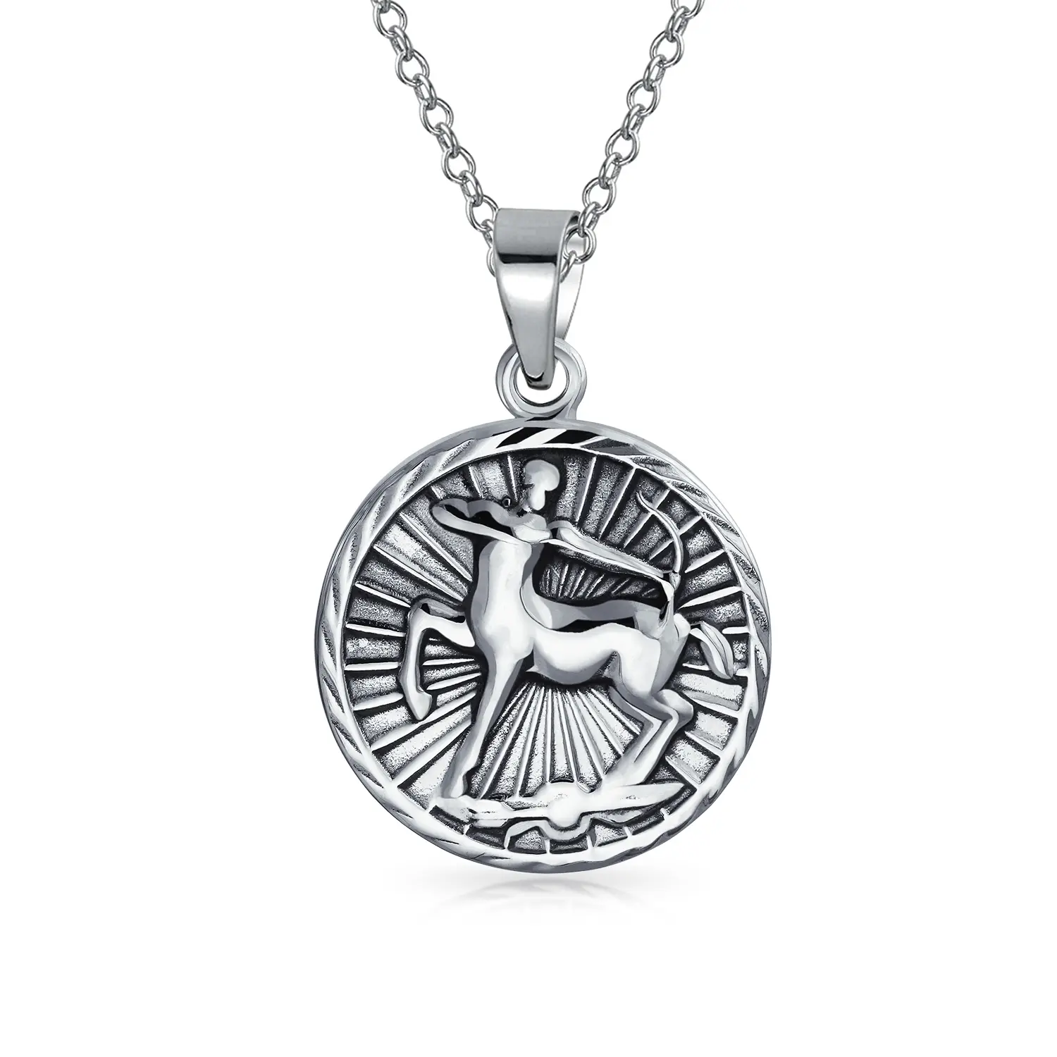 Astrology Zodiac Symbol Sagittarius Sign Medallion Pendant Necklace .925 Sterling Silver