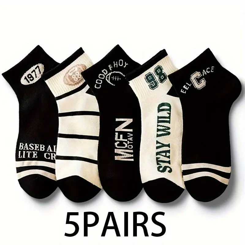 Men's Polyester Vintage Mid-Crew Baseball Socks - 5 Pairs Colorful Alphabet Numbered Styles Activewear Socks, 1 Size for Sports & Outdoor Use
