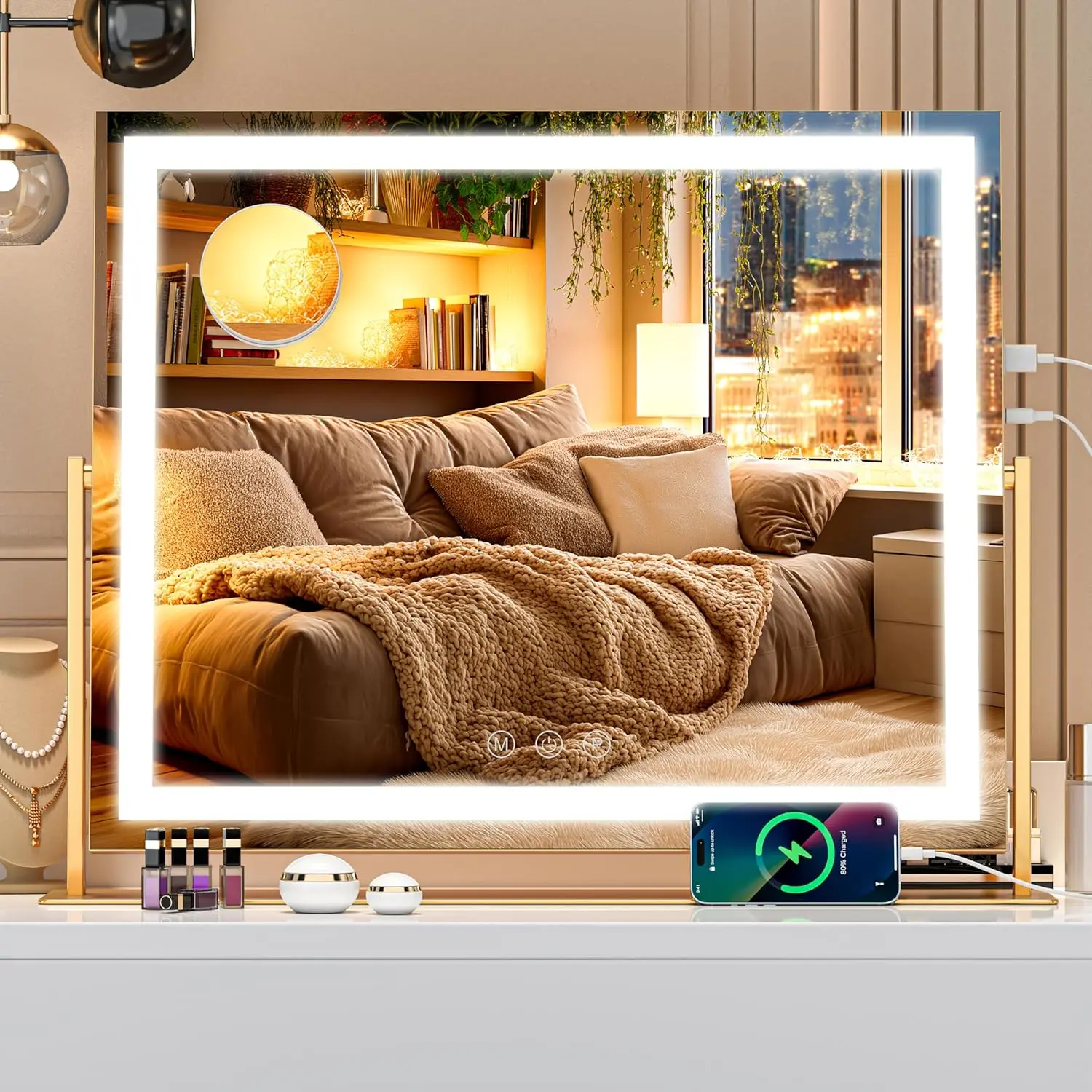 Mirror with Lights, 24'' x 20'' Lighted Makeup Mirror,  Screen with 3-Color Lighting, Dimmable for  Desk Tabletop Square