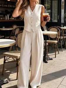 Two piece set of women's fashionable minimalist French high-end apricot color suit, women's waist cinched V-neck vest+high waist wide leg pants commuting two-piece set, suitable for summer, parties, dinners, wedding guests, light business.