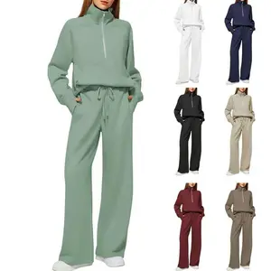 2025 Women's Half-Zip Sports Two-Piece Set: Wide-Leg Pants with Large Pockets & Elastic Waist