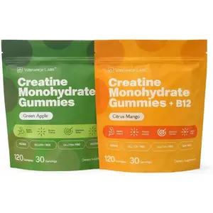 VYBRANCE LABS Creatine Gummies for Women & Men 2 Flavor Bundle — First & Only 5g Creatine + Taurine + Vitamin B12 | Vegan Creatine Gummies | Sugar-Free | Sour Green Apple & Citrus Mango