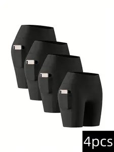 4pcs Women's Sports Shorts - Medium Stretch Fitness Shorts With Side Pockets, Suitable for Light and Breathable Wear In Spring and Summer, Suitable for Fitness, Training and Daily Use. Solid Color Cycling Pants, Sports Running Shorts