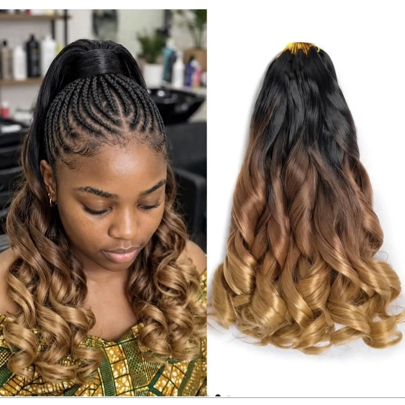 French Curl Braiding Hair Bundle Ombre T1B/30/27 Black to Brown to Honey Blonde 12 Inch Premium Kanekalon Soft Silky Pre-Stretched Tangle-Free for High Ponytail Box Knotless Fulani Boho Styles