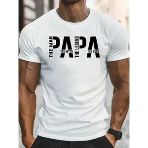 Graphic T-Shirt "For Men. The Myth. The Legend. Dad" - 95% Polyester, 5% Elastane, Short Sleeve, Retro Crew Neck, Perfect for Father's Day Birthday Gift, Casual Summer Wear