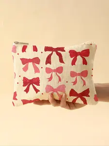 Bowknot Pattern Corduroy Makeup Bag, Lightweight Zipper Makeup Organizer, Multifunctional Cosmetic Storage Bag for Toiletries and Accessories, Handheld Cosmetic Pouch