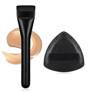 Flat Foundation Brush with Puff, Ultral Thin Spatula Makeup Brush with Sponge for Liquid Makeup | Fast Flawless Kabuki Brushes for Blending, Liquid, Cream, Blush, Buffing（Black）