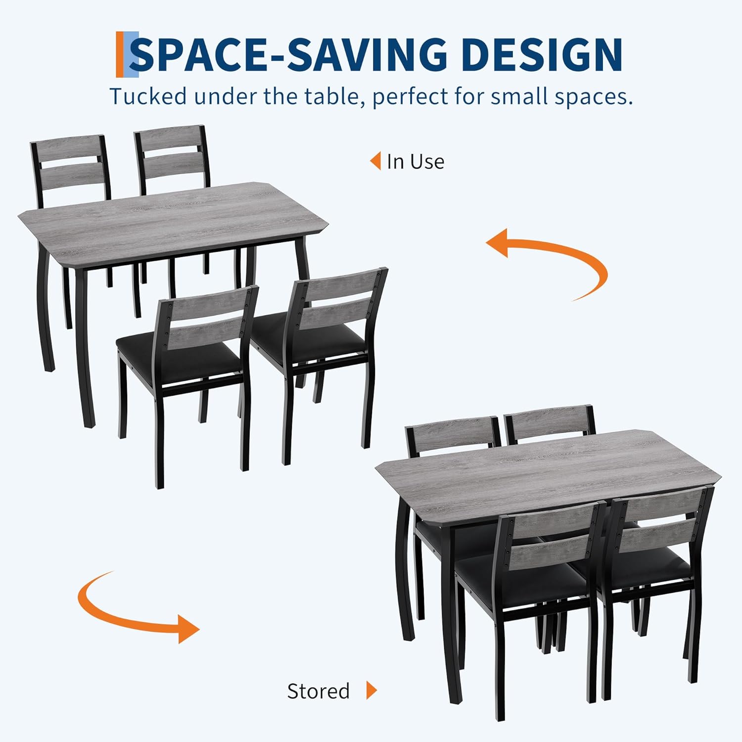 Dining Table Set for 4 Modern Kitchen Table and Chairs Set with Chamfered Edges Cushioned Seats Space-Saving Metal Frame for Dining Room Apartment Small Spaces, White & Wood Grain Color Dining Table Set for 4 Modern Kitchen Table and Chairs Set with Chamfered Edges Cushioned Seats Space-Saving Metal Frame for Dining Room Apartment Small Spaces, White & Wood Grain Color