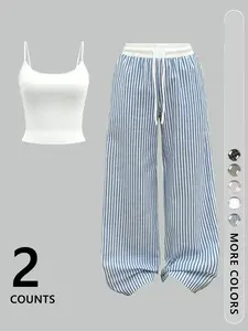 Women’s Two-Piece Set – Spaghetti Strap Tank Top + Plaid Long Pants, Street Style/Hip Hop Dance Fashion, Casual Summer