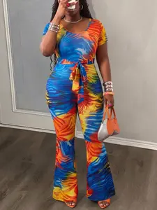 Plus Size Print Jumpsuit Short Sleeve Waist Belt Flare Pants, Casual Vacation Daily Wear Women's Fashion Comfortable