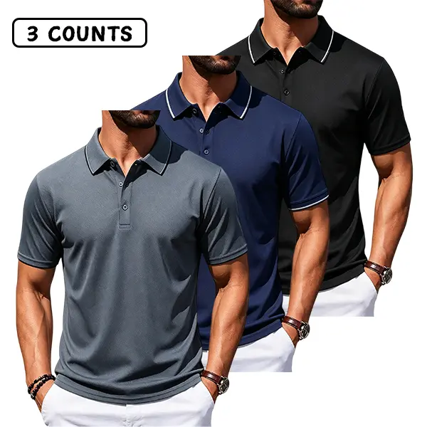 Men’s 3-Pack Classic Plain Polo Shirts with Contrast Piping, Soft Stretch Spandex Fabric, Slim Fit - Ideal for Office, Golf, Everyday Wear (Sweat-Wicking), Breathable, Casual, Shortsleeve