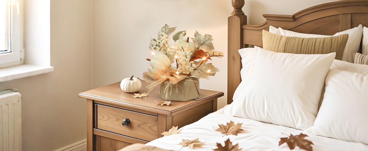 2-Pack 11in Silk Fall Decor Tabletop Trees Centerpieces - Battery-Operated Lights with Timer, Dry Battery Power, Neutral White Maple Leaves, Pumpkins, Pinecones, Berries for Dining Table, Mantel, Decorations Set, Fall Decor For Home