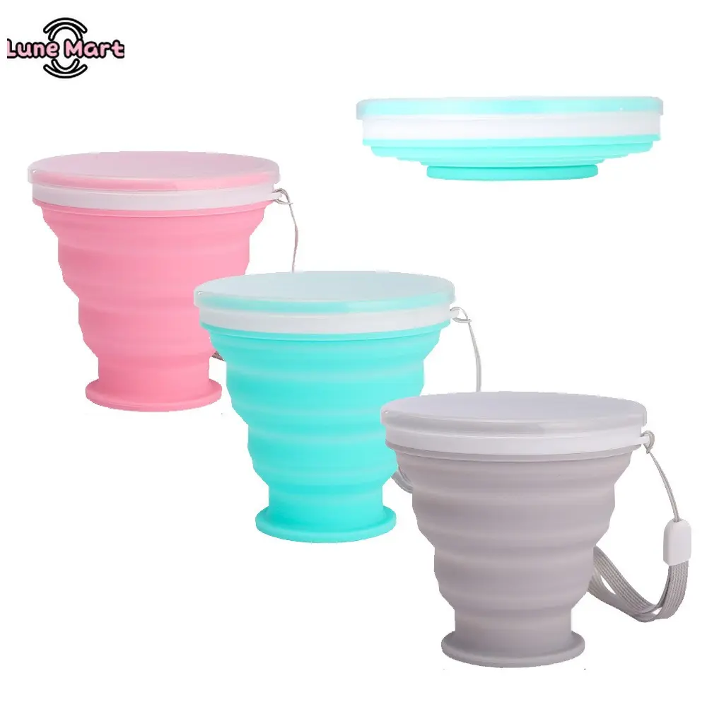 Silicone Collapsible Cups 3-Pack, 270ml Lightweight Set with Leak-Proof Lids, Compact & Portable for Camping, Hiking - Pink, Blue, Grey, Lids Included, Collapsible Form, Compact Set