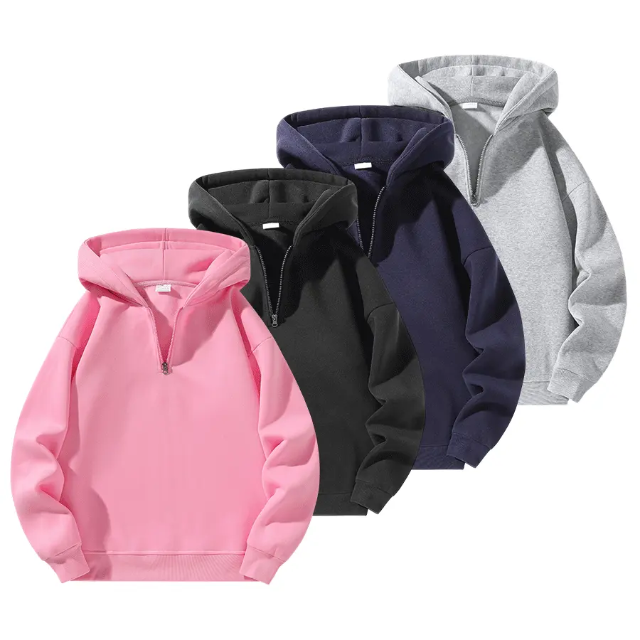 Menswear Plain Stylish Half-Zip Hooded Sweatshirt - Unisex Tops, Regular Fit, Drop-Shoulder Design, Casual Versatile, Suitable for Autumn & Winter Everyday Use