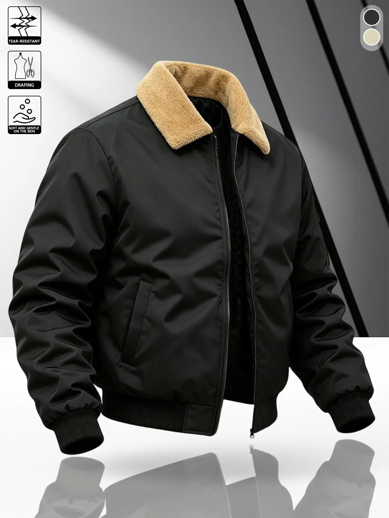 Men’s black aviator jacket with a turn-down collar and patchwork design, ribbed cuffs and hem, zip closure, side pockets, vintage workwear style for autumn/winter, thick and warm outerwear.