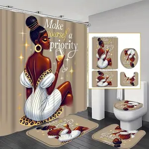 1/4pcs African American Woman Pattern Bathroom Decorations, 4 Counts/set Including Shower Curtain & Toilet U-shape Mat & Bathroom Mat & Toilet Lid Cover, Bathroom Decor Supplies, Bathroom Accessories, Shower Curtain Sets