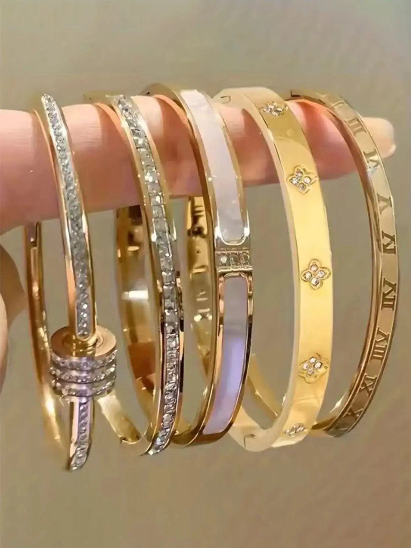 5PCS Gold Bangle Bracelet Set for Women, Roman Numeral, Clover & Mother of Pearl Cuff Bangles with Pave CZ Rhinestones, 18K Gold Plated Stainless Steel Hinged Bangle Stack, 2.36in Inner Diameter, Jewelry Gifts for Her permanent