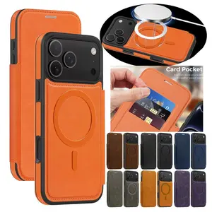 WWH Wireless Charging Flip Leather Case for iphone 17 Promax Air 16 Promax 15 Plus 14 13 12 Magsafe Card Slots Holder Phone Case