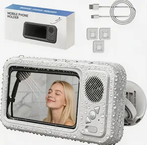 Waterproof box speaker, bathroom waterproof 360 ° rotating touch screen, Bluetooth speaker, watch movies, listen to music, phone holder Bluetooth speaker audio shower TV holder, Multifunctional Wireless Speaker, swimming pool, kitchen, bathroom, sink tikt