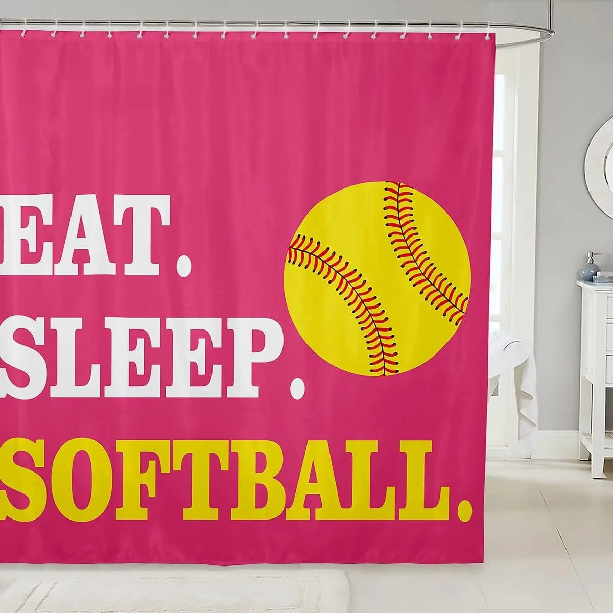 Feelyou Cute Polyester Shower Curtain Set - Waterproof, Lightweight, Pink-Yellow Softball Theme, 72"Wx72"L, Washable, with C-Hooks, Modern Gym/Athletic Club/Camper Bathroom Accessory for Softball Enthusiasts, Shower Curtain Cute