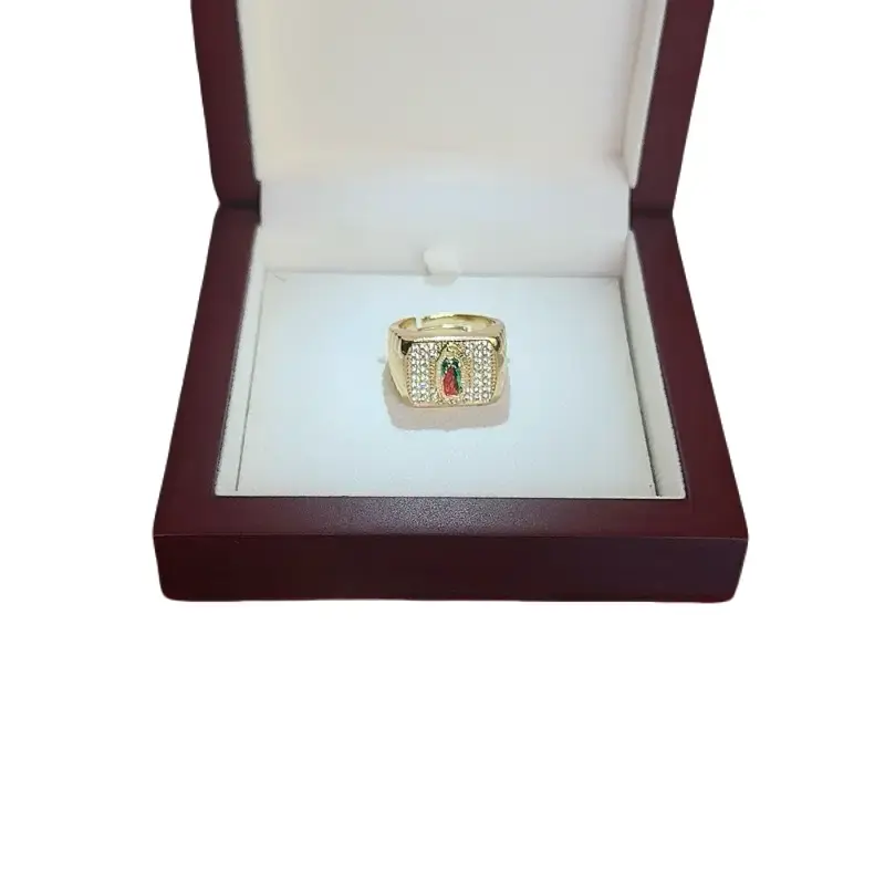 Elegant Our Lady of Guadalupe Gift Ring - Gold-Plated with Rhinestones, Detailed Motif, Unisex Religious Costume Jewelry, Adjustable Band, With Box