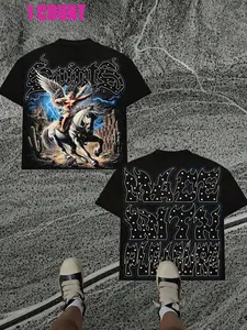 Men's Gothic Angel Graphic Print T-Shirt, Tee, Dark College Streetwear, Menswear, Heavy Metal Aesthetic, Double-Sided Design, Casual Short Sleeve Top