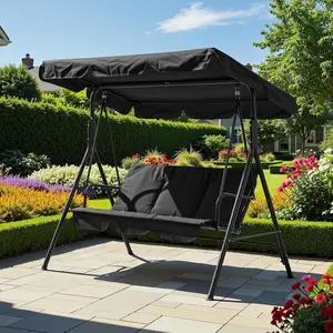 3 Person Black Porch Swing Chair,Outdoor Patio Swing Chair with Adjustable Canopy and Armrests,Breathable Fabric Seat & Backrest,Outdoor Swing for Backyard, Garden,600 lbs Max Load