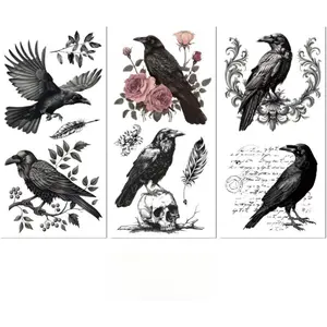 Rub on Transfer Decorative Decal Sticker for Furniture Craft Decor 6"x12" Vintage Crow, 3Pcs Waterproof UV DTF Transfer for Drawer Dresser Glass Porcelain Plastic