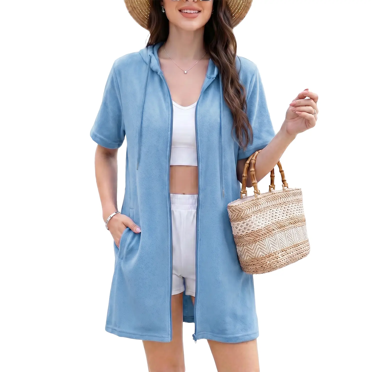 Hixiaohe Women's Terry Cloth Hooded Zip Up Cover Up Swim Robe Beach Pool Bath Wrap Vacation Swimwear Coverup