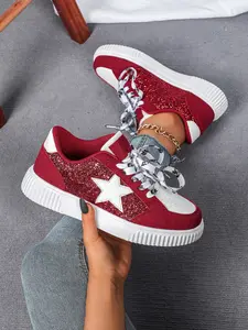 Women's Fashion Shiny Classic Star Decor Casual Sneakers, Sports Shoes, Breathable Lightweight Low Top Skate Shoes, All Season Wear for Parties and Travel Footwear, All Seasons Sneakers, Lace Up Sneakers