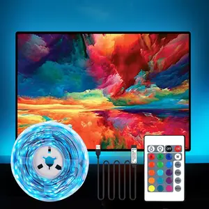 5V LED Strip Light with IR 24 Key Remote Control, Plug and Play RGB Flexible Lighting for TV Background, Adjustable Brightness Cuttable Adhesive Suitable for Living Room Bedroom