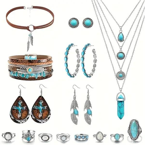 13 Bohemian Western Style Synthetic Turquoise Necklaces, Earrings, Bracelets, And Ring Sets For Women'S Daily Vacations, Party Wear, Jewelry, Holiday Gifts