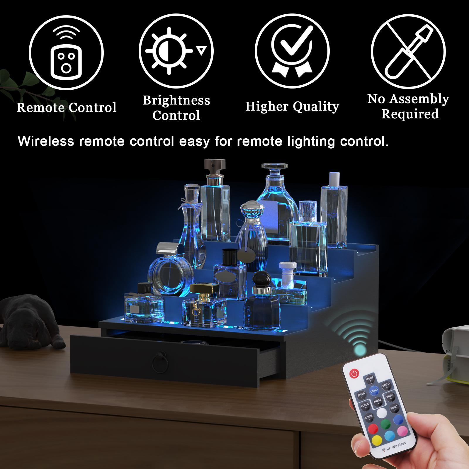 LED Illuminated 4-Tier Display Shelf – Stylish Perfume, Dessert & Aromatherapy Organizer for Vanity, Dresser & Countertop Three-Tier Wooden Cologne