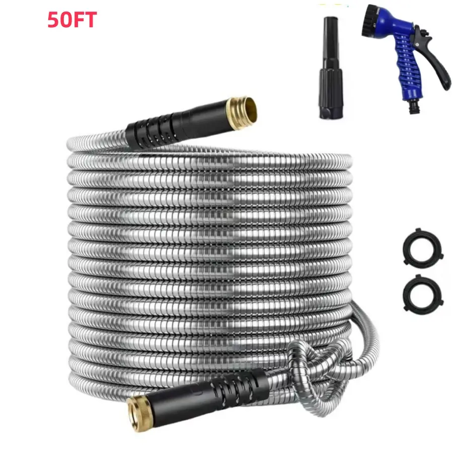 Nw 10Lbs 25FT/50FT/100FT Stainless Steel Metal Garden Water Hose with Multi-Function Nozzle 304 Stainless Steel Pipe Flexible Light weight