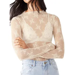 Sheer Mesh Long Sleeve Layering Top for Women Mock Neck Floral Lace T-shirt See Through Tee Shirt Blouse