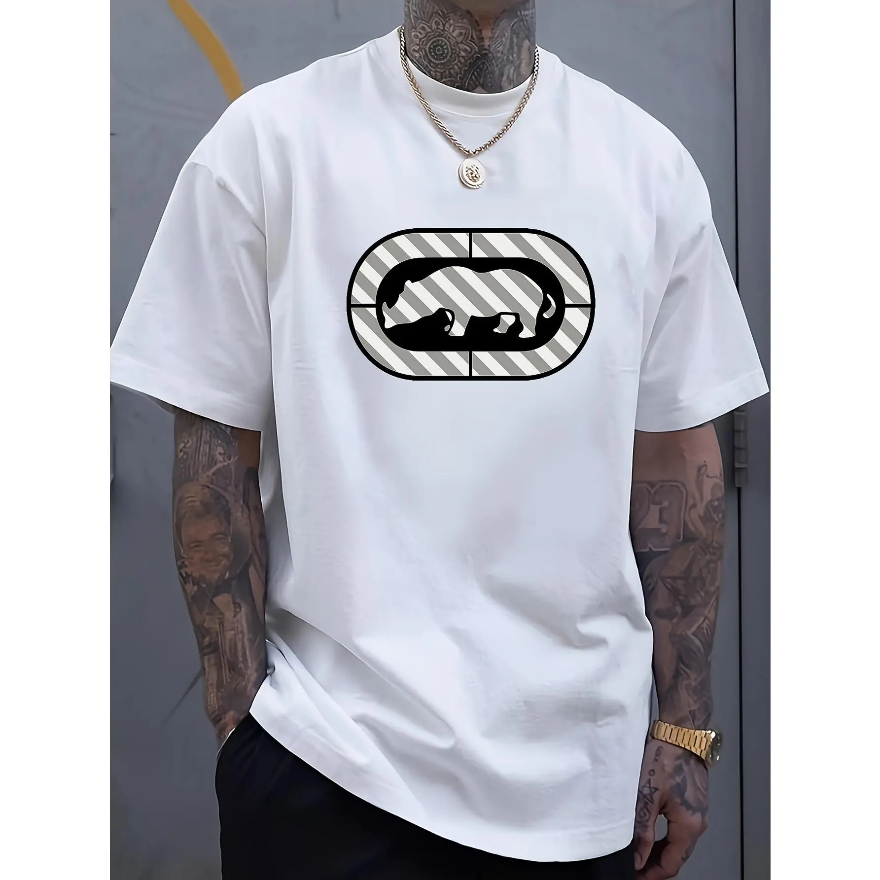 Men's 180g Pure Cotton Business Casual T-shirt - Rhino Graphic Print, Round Neck, Shortsleeve, Breathable, Comfy Basic Menswear Undershirt, Machine Washable, Suitable for Summer Daily Wear, Local Delivery