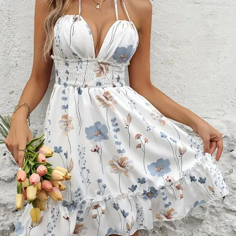 Ladies' floral print thin shoulder strap Halter dress, Boho slip dress, sexy chest wrap, full body print, pleated waist with ruffled hem, sleeveless backless suspender dress, beach sexy mini dress, suitable for spring and summer