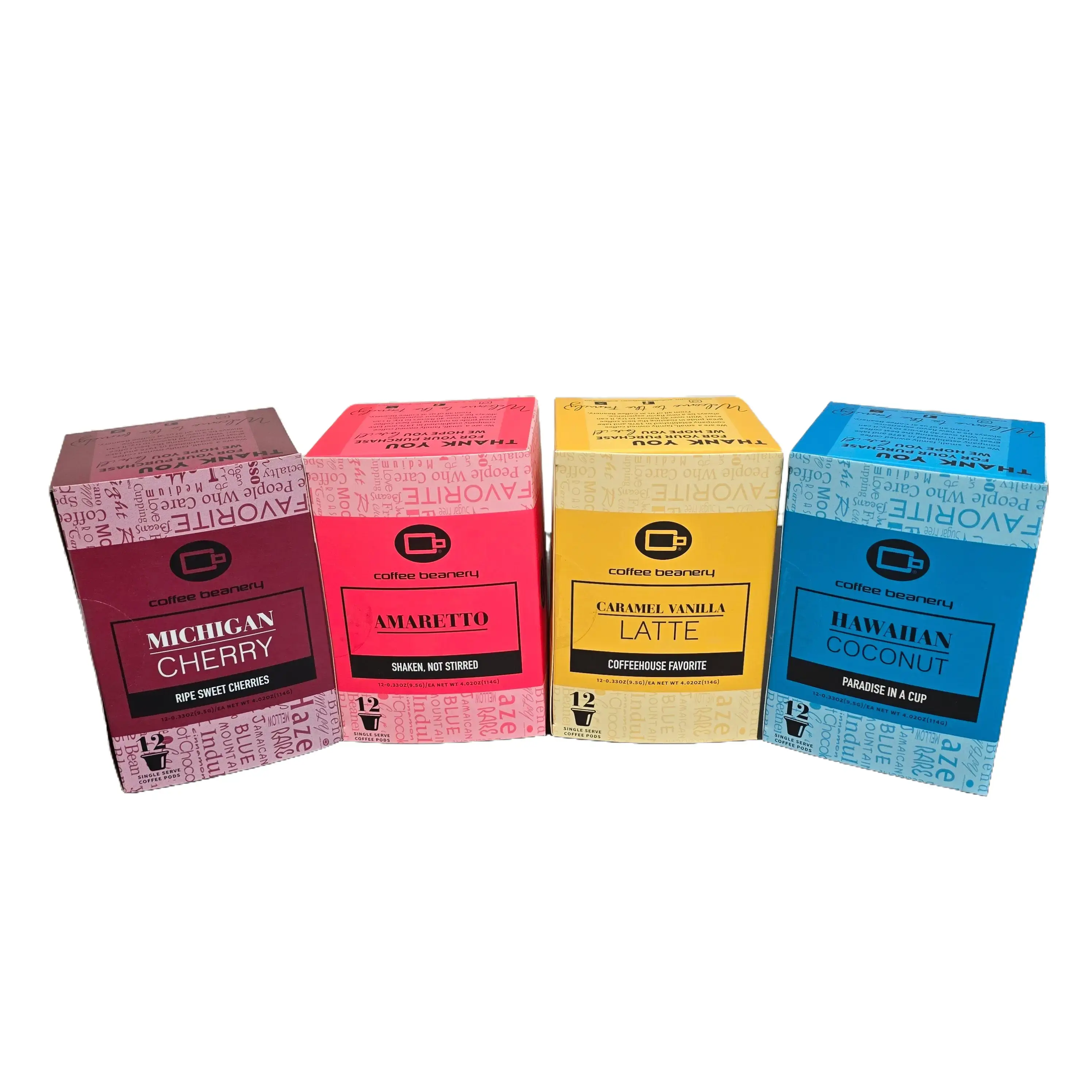 Coffee Beanery Variety Full-Size Ground Coffee and Pods Bundles - Amaretto, Hawaiian Coconut, Michigan Cherry, Caramel Vanilla Latte, Mackinac Island Fudge, Hazelnut, Blueberry Cobbler, Chocolate Raspberry - No Sugar - Decaf
