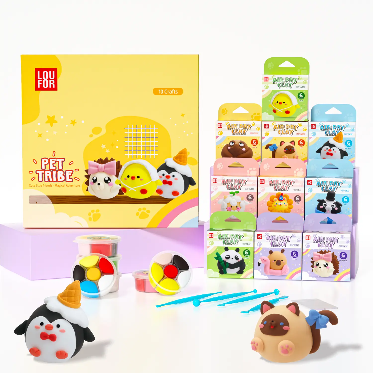 Kids' Air Dry Modeling Clay Creative Kit - 60 Vibrant Colors, 10 Tubs, Sculpting Tools, Tutorials, Ultra Light & Soft, Safe Non-Toxic, Easy to Shape Art Supply for Ages 3+, Boosts Fine Motor Skills, Ideal for Birthdays (Clay Children's Set)