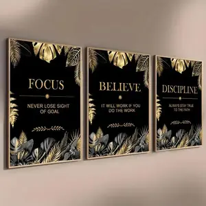 Motivational Quotes & Leaf Pattern Unframed Poster, 3 Counts/set Canvas Wall Art, Wall Decor for Home Living Room Bedroom Office School